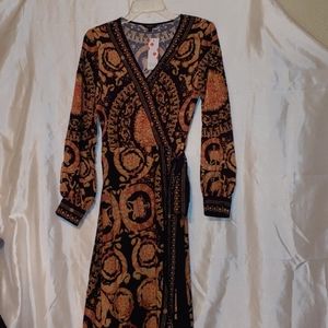 Floor length wrap around dress.